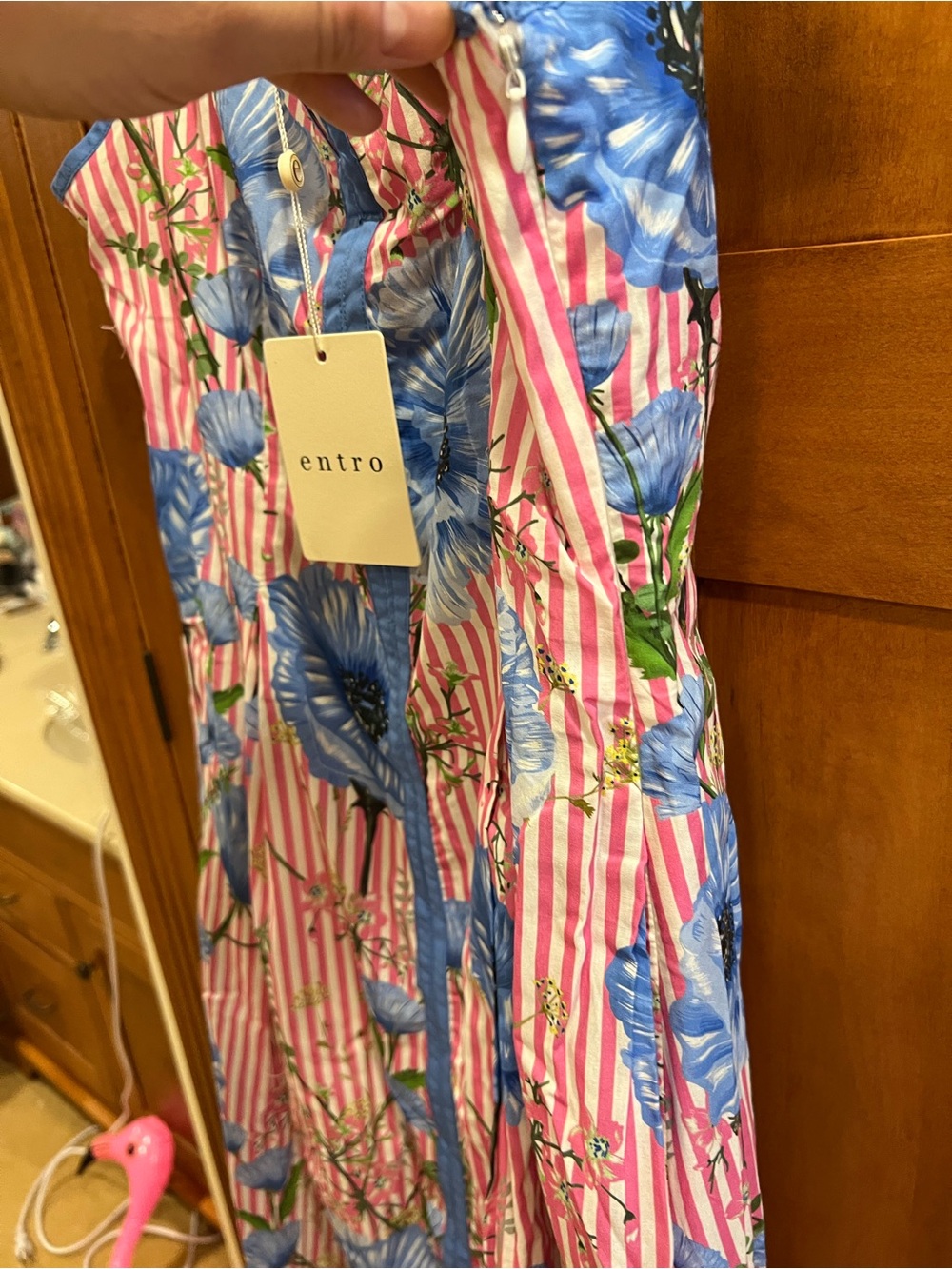entro Pink-White Striped Midi Dress with Blue Floral Print - Picture 6 of 10